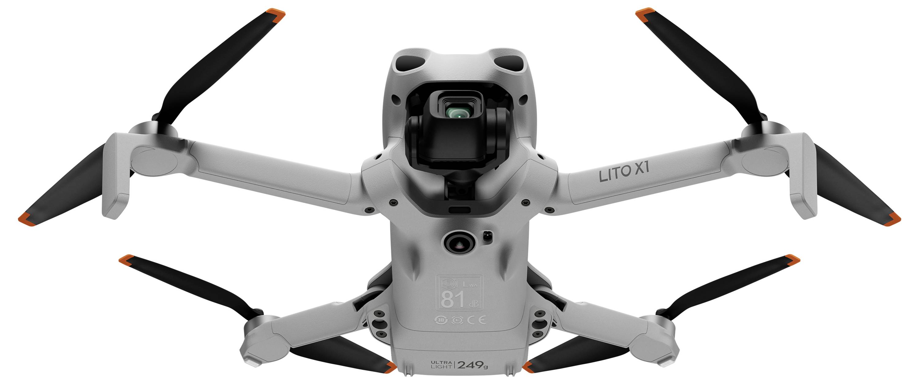 Přední pohled na šedý dron DJI L1 se čtyřmi rotory, kameralem na středu a označením 'L1' na rameni.