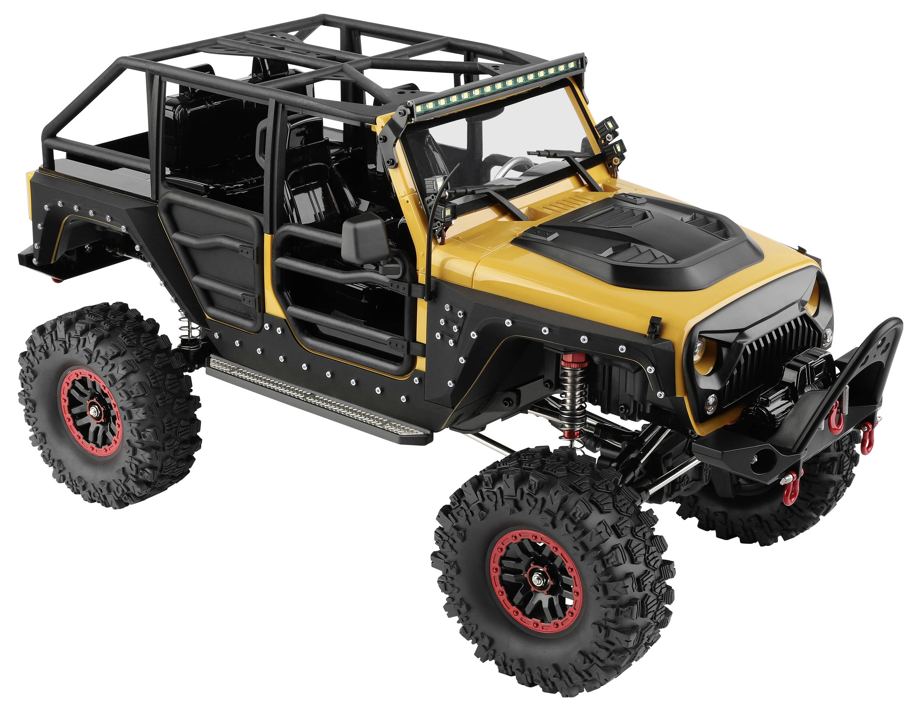 Žlutý a černý terénní vůz ve stylu Jeepu 4x4 s velkými hrubozrnými pneumatikami, ochrannou klecí a nárazníkem se zvedákem na bílém pozadí.