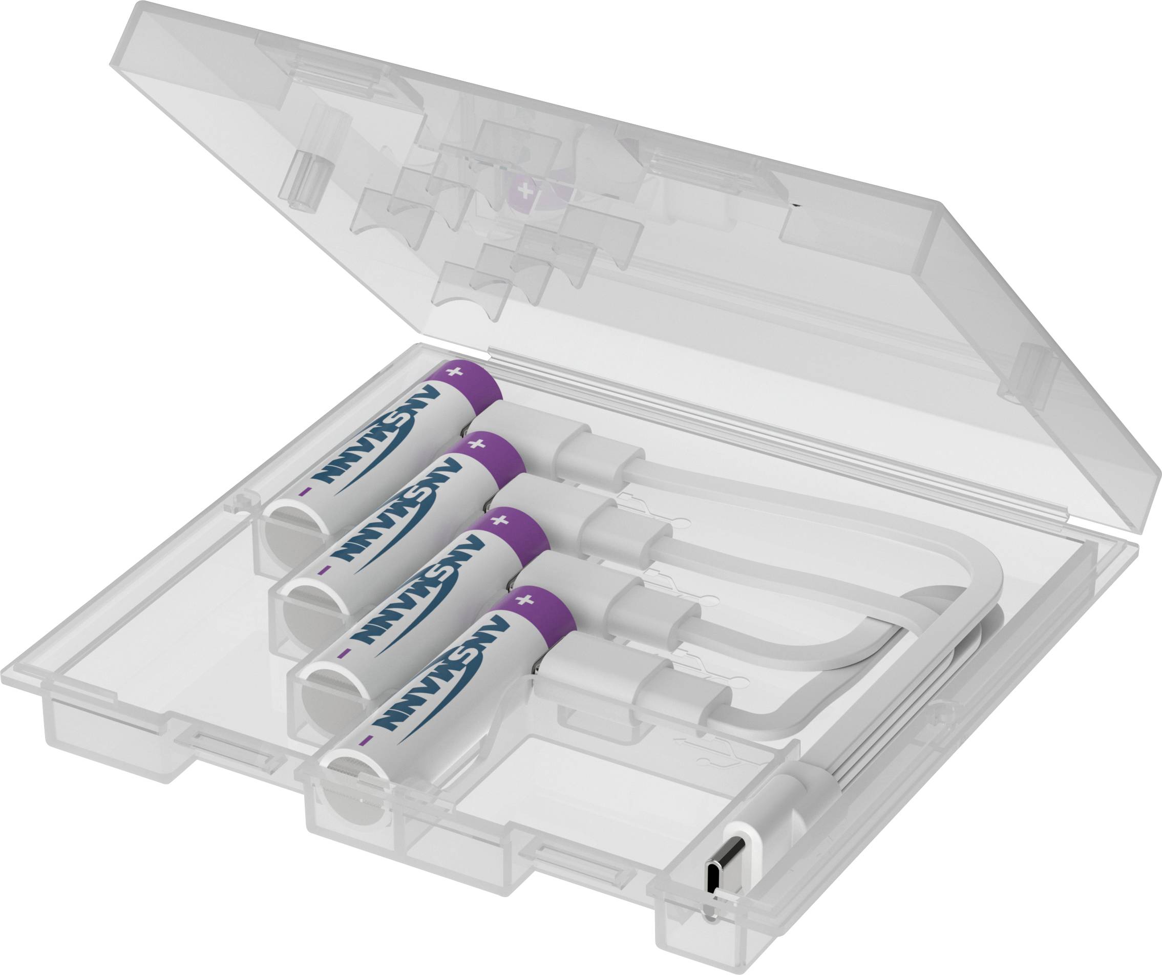 Průhledný plastový obal na baterie obsahující čtyři baterie AA a kabel USB pro nabíjení, s otevřeným víkem.