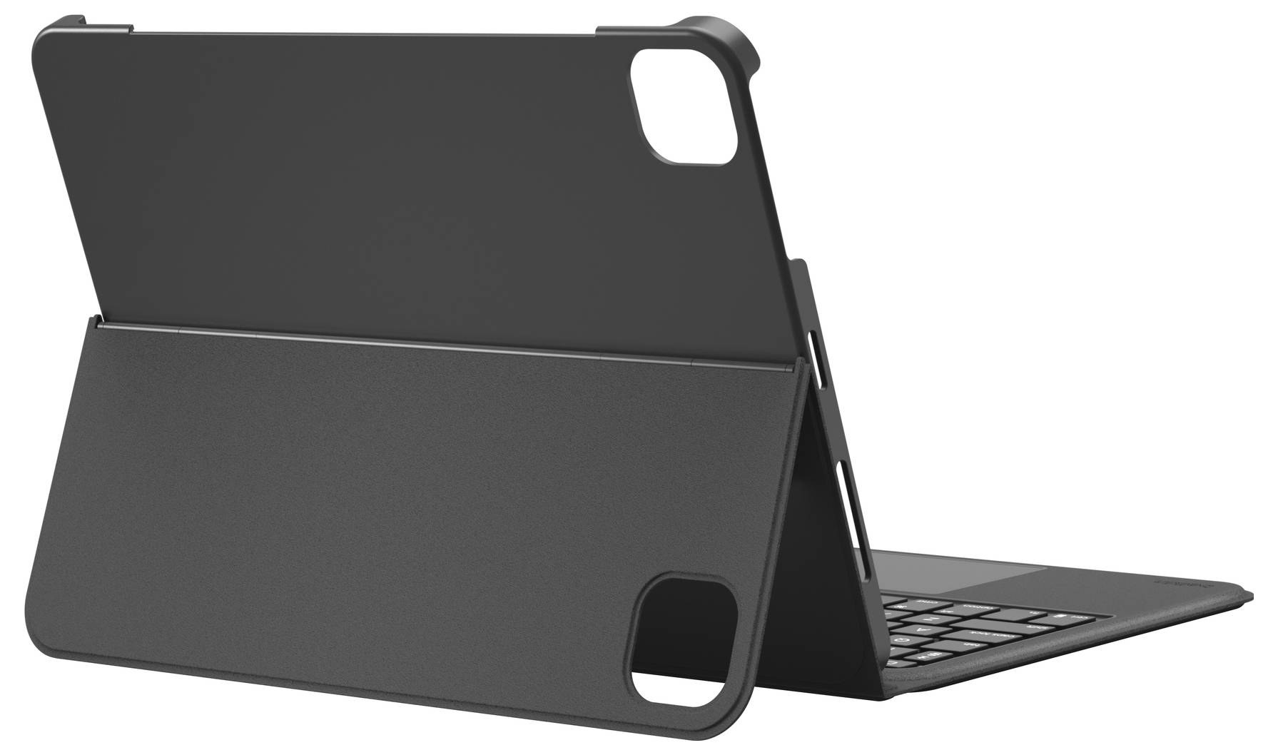Černý pouzdro na tablet s integrovaným stojanem a klávesnicí, zobrazeno otevřené v bočním pohledu na bílém pozadí.