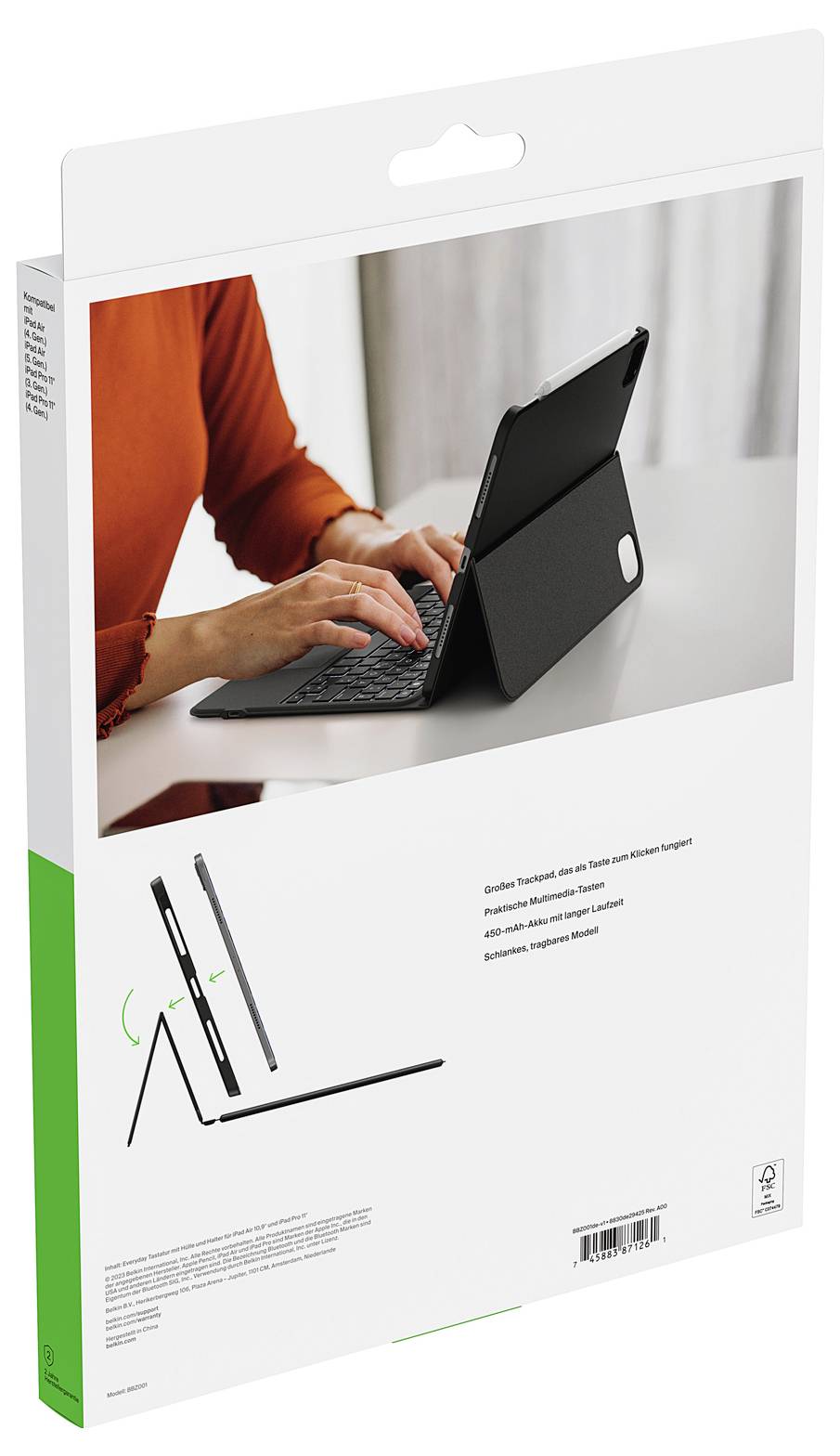 Krabice produktu zobrazující osobu píšící na tabletu v skládací pouzdru s klávesnicí, s diagramem nastavitelných úhlů pohledu a čárovým kódem na zadní straně.