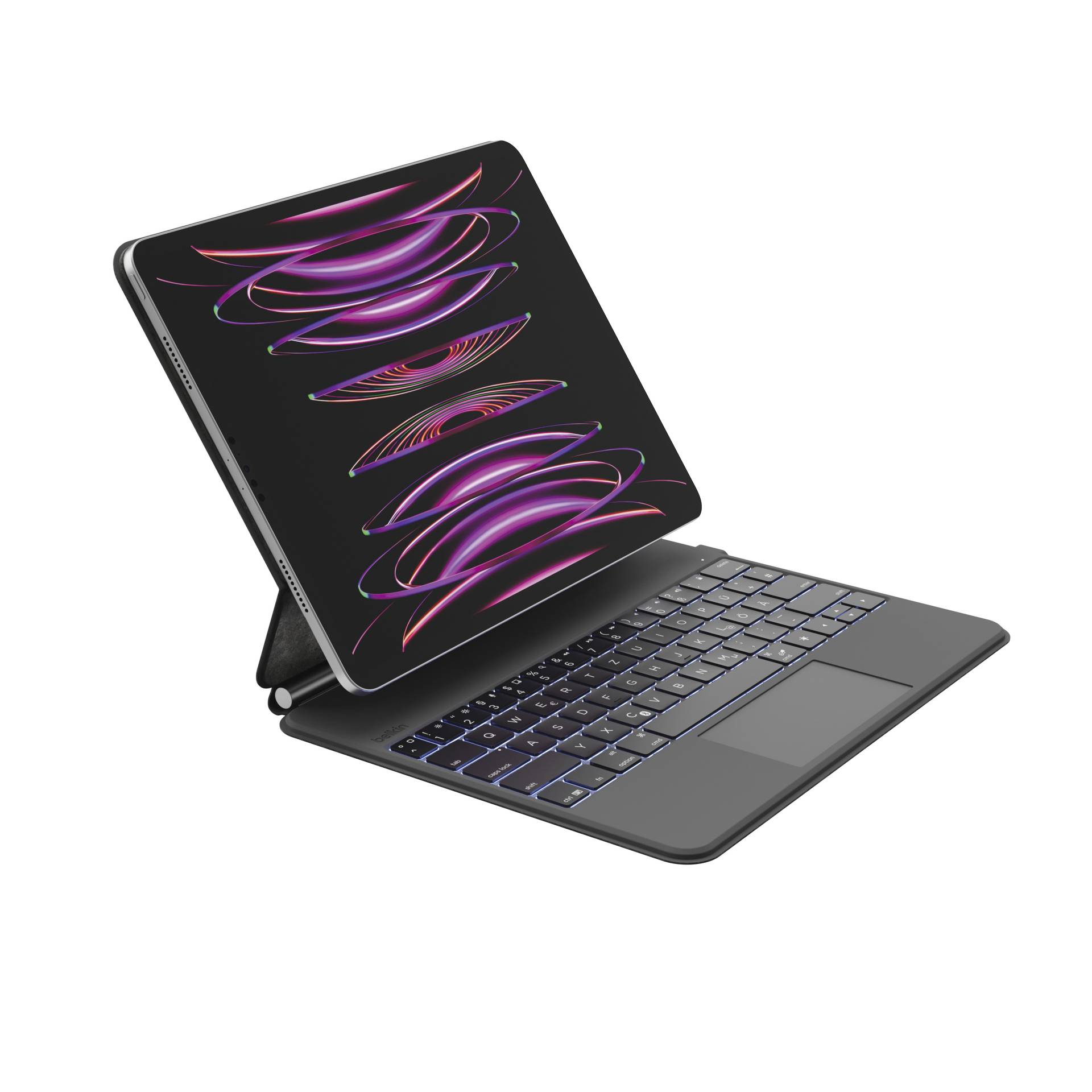 Nakloněný tablet připevněný k pouzdru klávesnice, na displeji je zobrazován barevný abstraktní neonový vzor.
