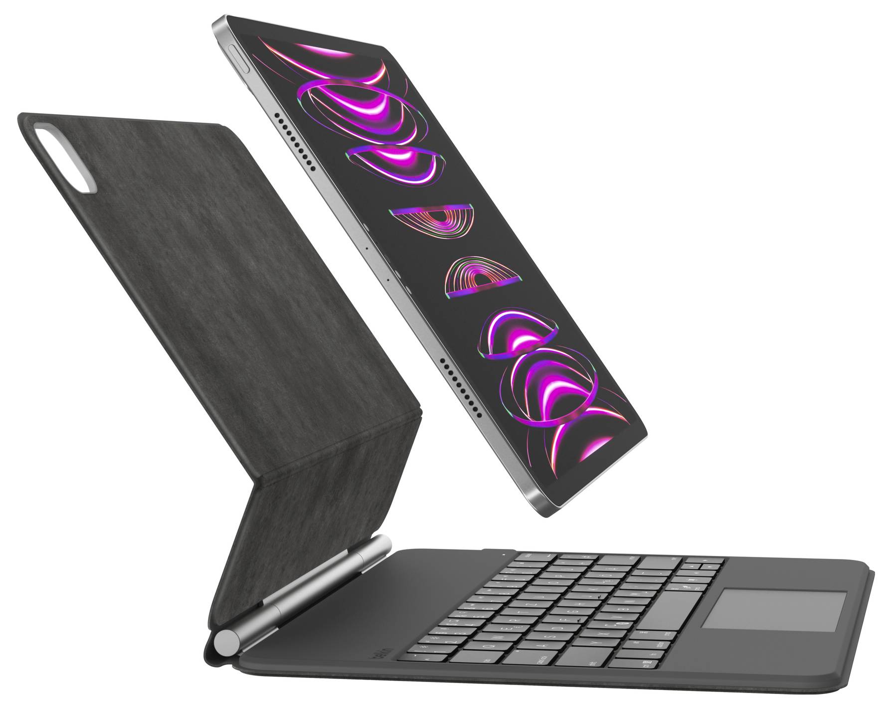 Tablet nebo notebook s odnímatelným pouzdrem na klávesnici zobrazený v otevřené poloze, s obrazovkou plující nad a tmavým ochranným obalem složeným vzad.