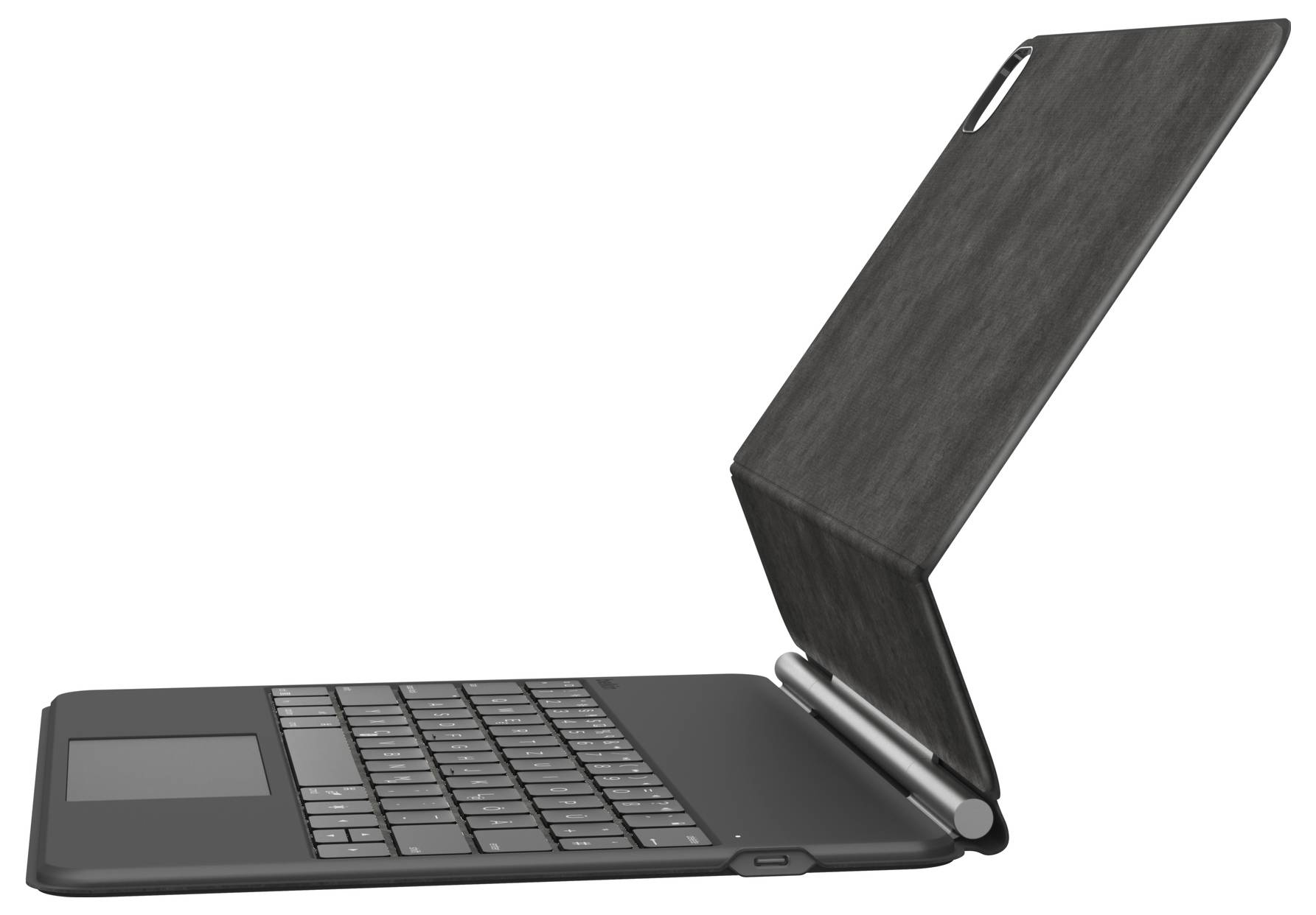 Černý obal klávesnice k tabletu zobrazený otevřený, se sklopným stojánkem a vestavěným touchpadem na bílém pozadí.