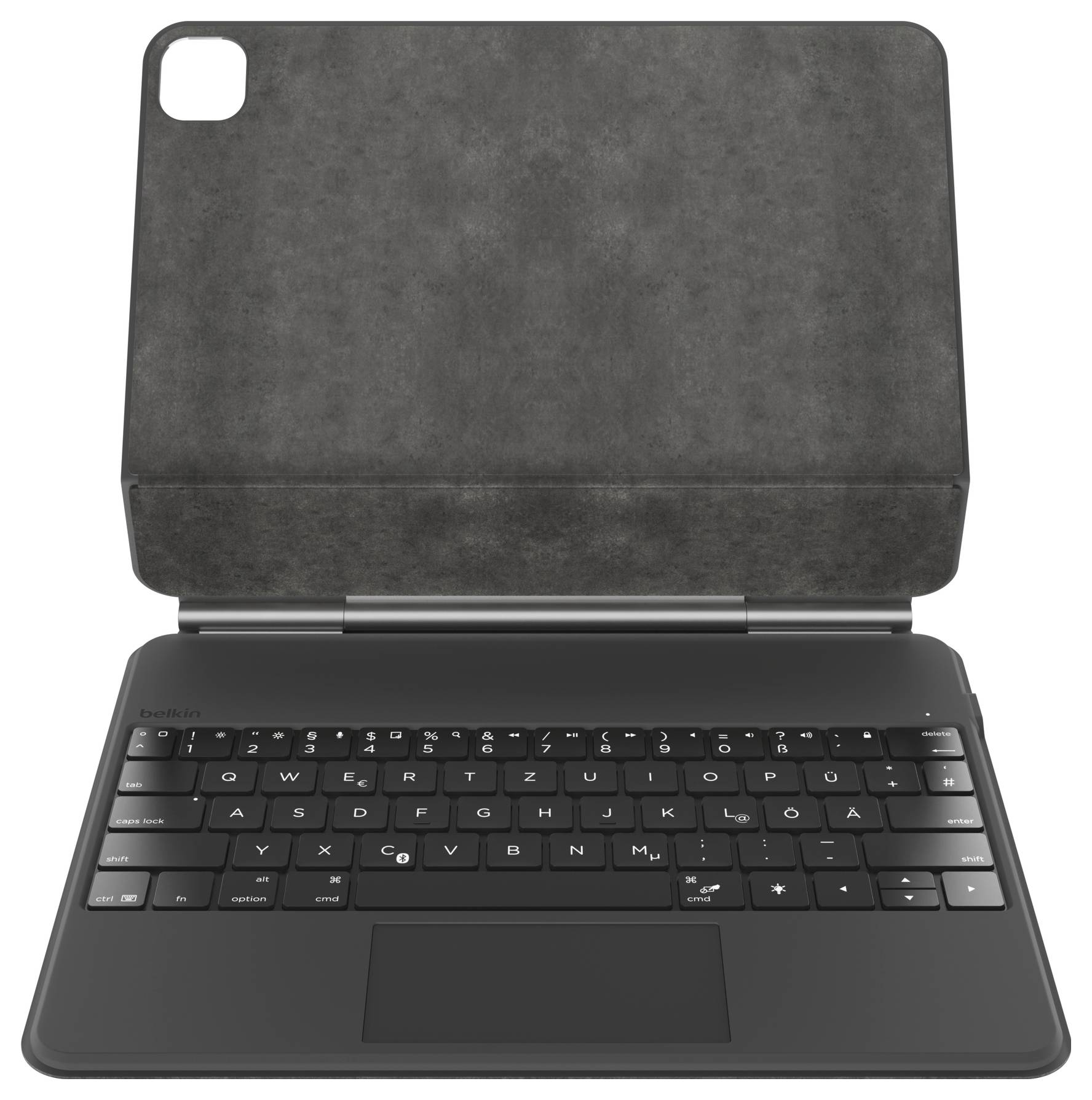 Černý kryt klávesnice tabletu se zabudovanou touchpad a skládacím krytem, zobrazený otevřený na bílém pozadí.