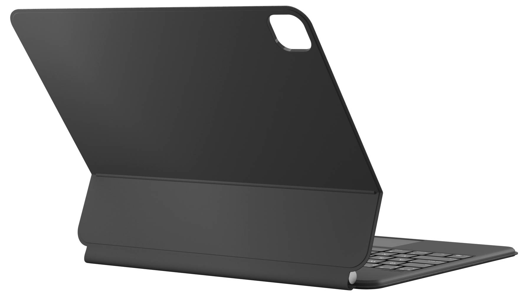 Černý pouzdro na tablet ve stylu klávesnice zobrazené v otevřené poloze se skládací krytkou a integrovanou klávesnicí připojenou k zařízení.