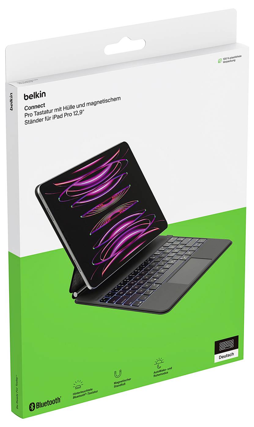 Belkin Connect Pro stojan pro iPad Pro 12,9 palce, zobrazený na obalu produktu jako pouzdro na tablet s klávesnicí a magnetickým stojanem.