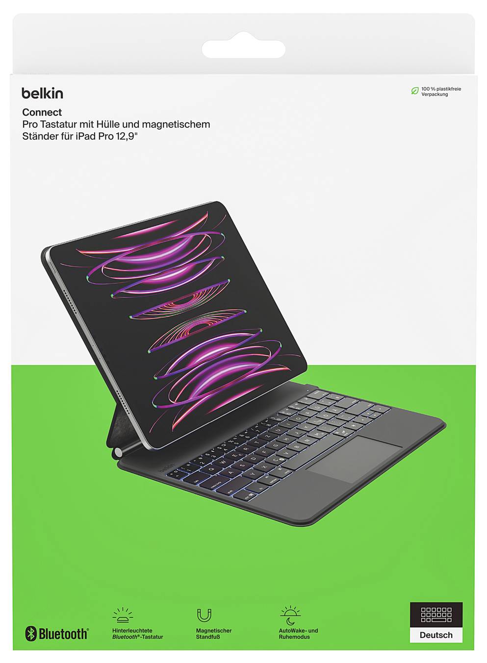 Pouzdro klávesnice Belkin Connect pro iPad Pro 12,9 palců, zobrazené otevřené s magnetickým stojanem a trackpadem na zeleném pozadí.
