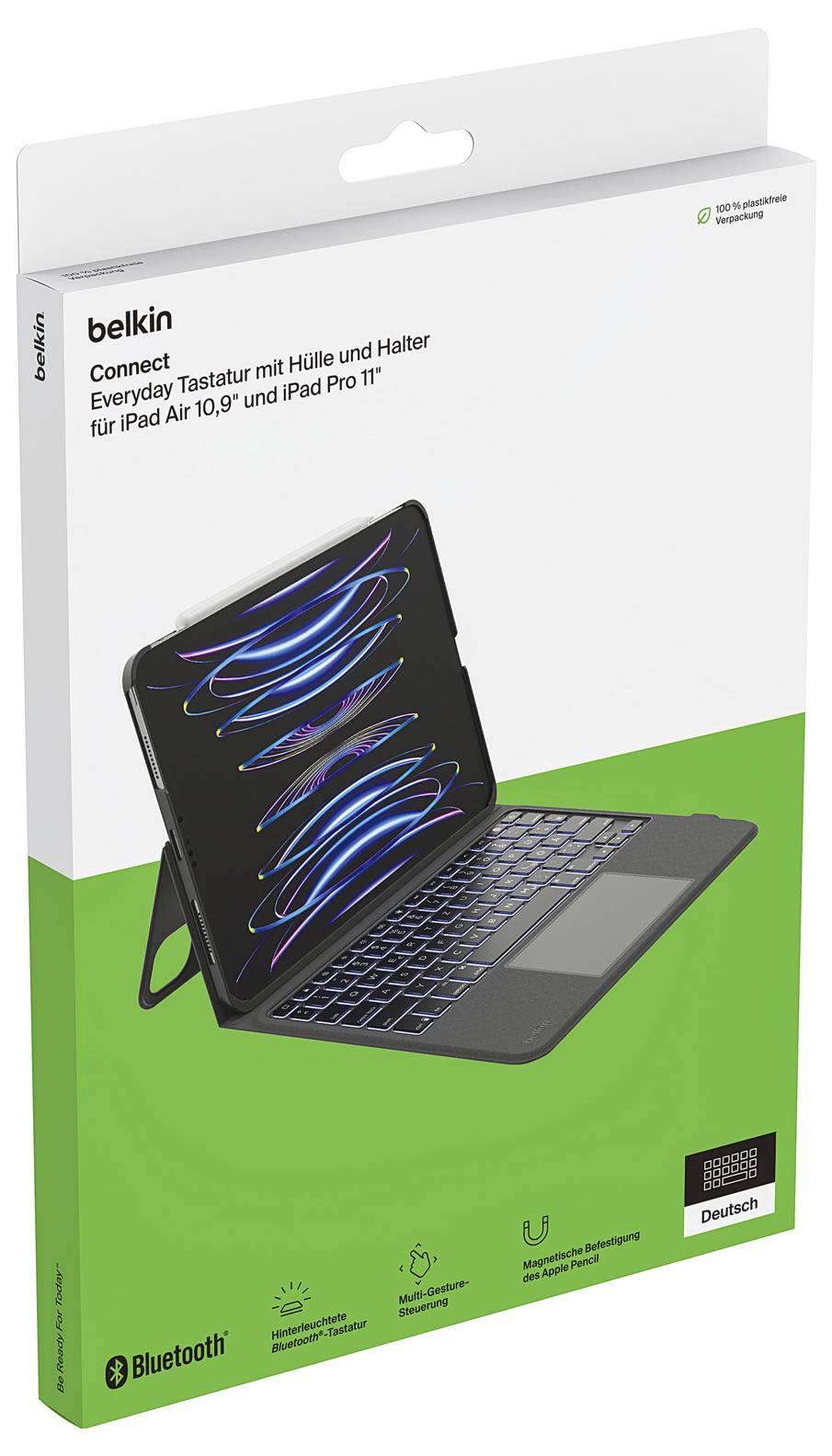 Pouzdro klávesnice Belkin 'Connect' pro iPad Air 10,9" a iPad Pro 11", zobrazené na obalu produktu se složeným stojanem na klávesnici iPad.