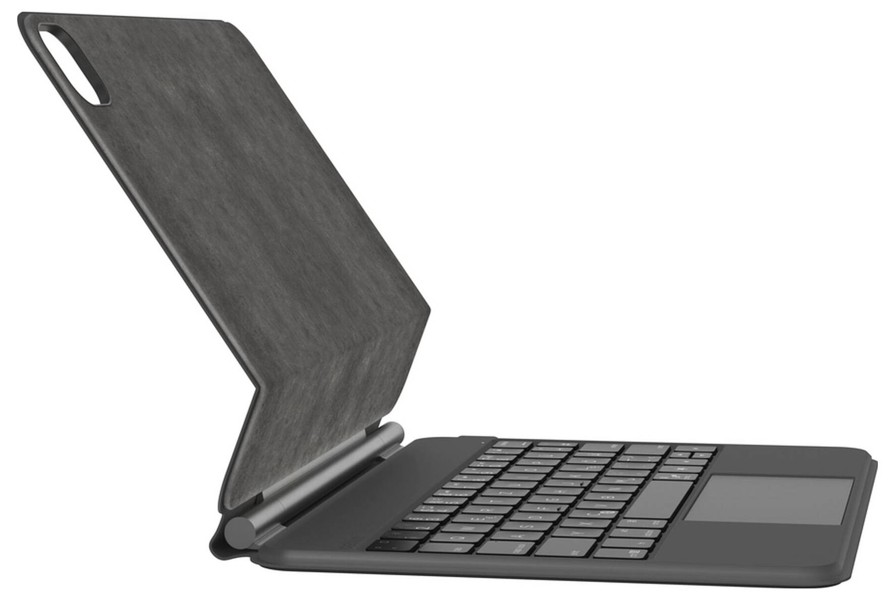 Otevřený černý notebook zobrazený v bočním pohledu s přiklopením zvednutým a viditelnou klávesnicí.