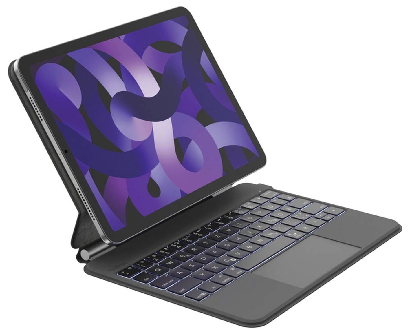 Tablet v pouzdru klávesnice formátu folio, otevřený v úhlu jako malý notebook, s purpurovou abstraktní tapetou na obrazovce.