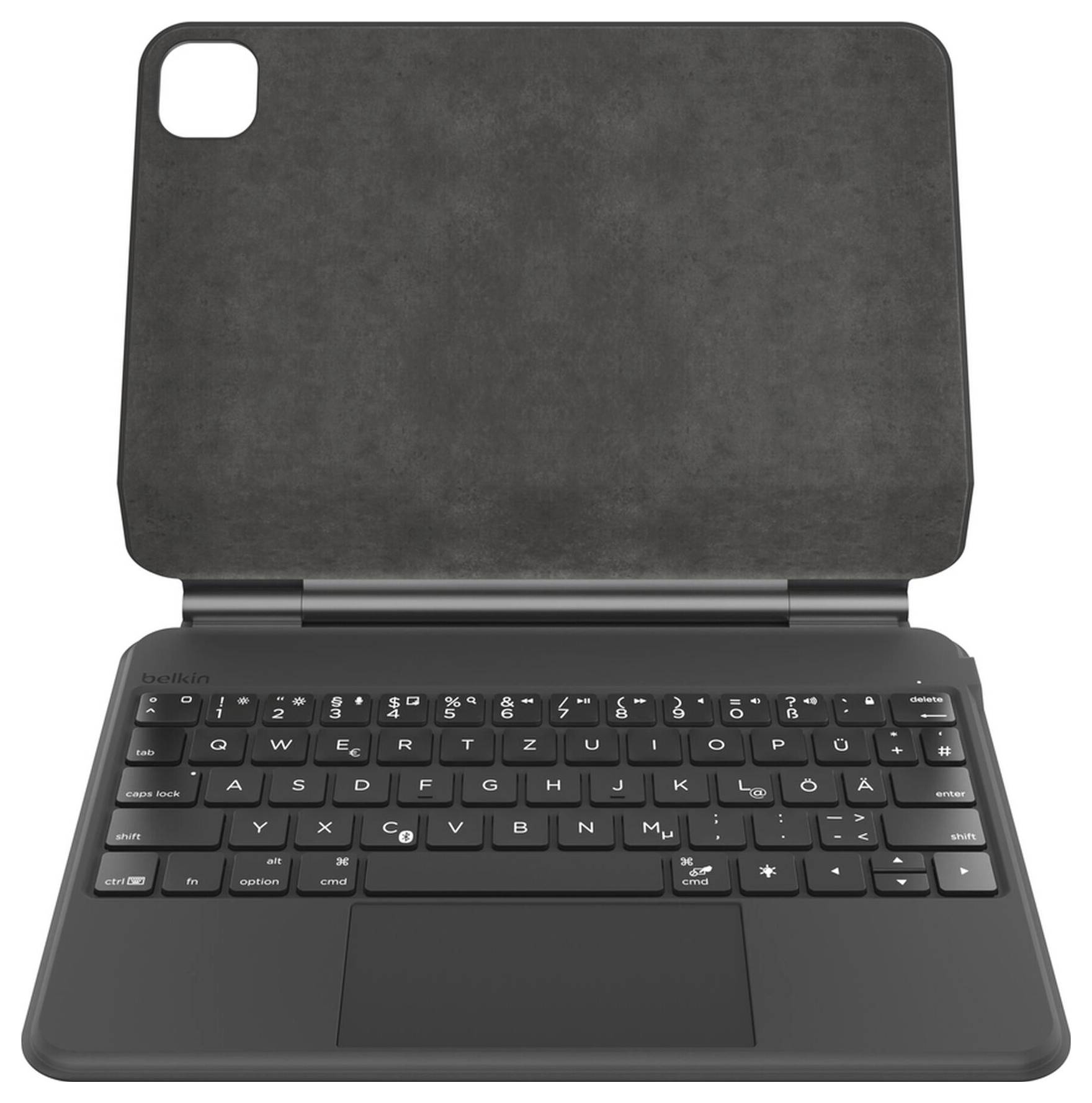 Černý pouzdro na iPad s klávesnicí, integrovaným trackpadem a otevírací ochrannou krytkou.