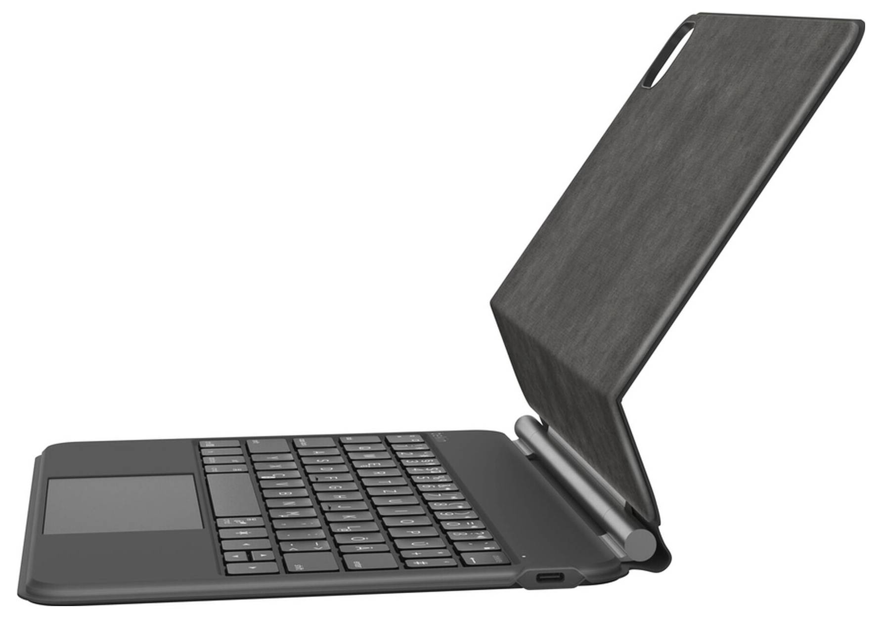 Černé pouzdro klávesnice pro tablet se sklopným zadním krytem, zobrazeno otevřené v úhlu na bílém pozadí.