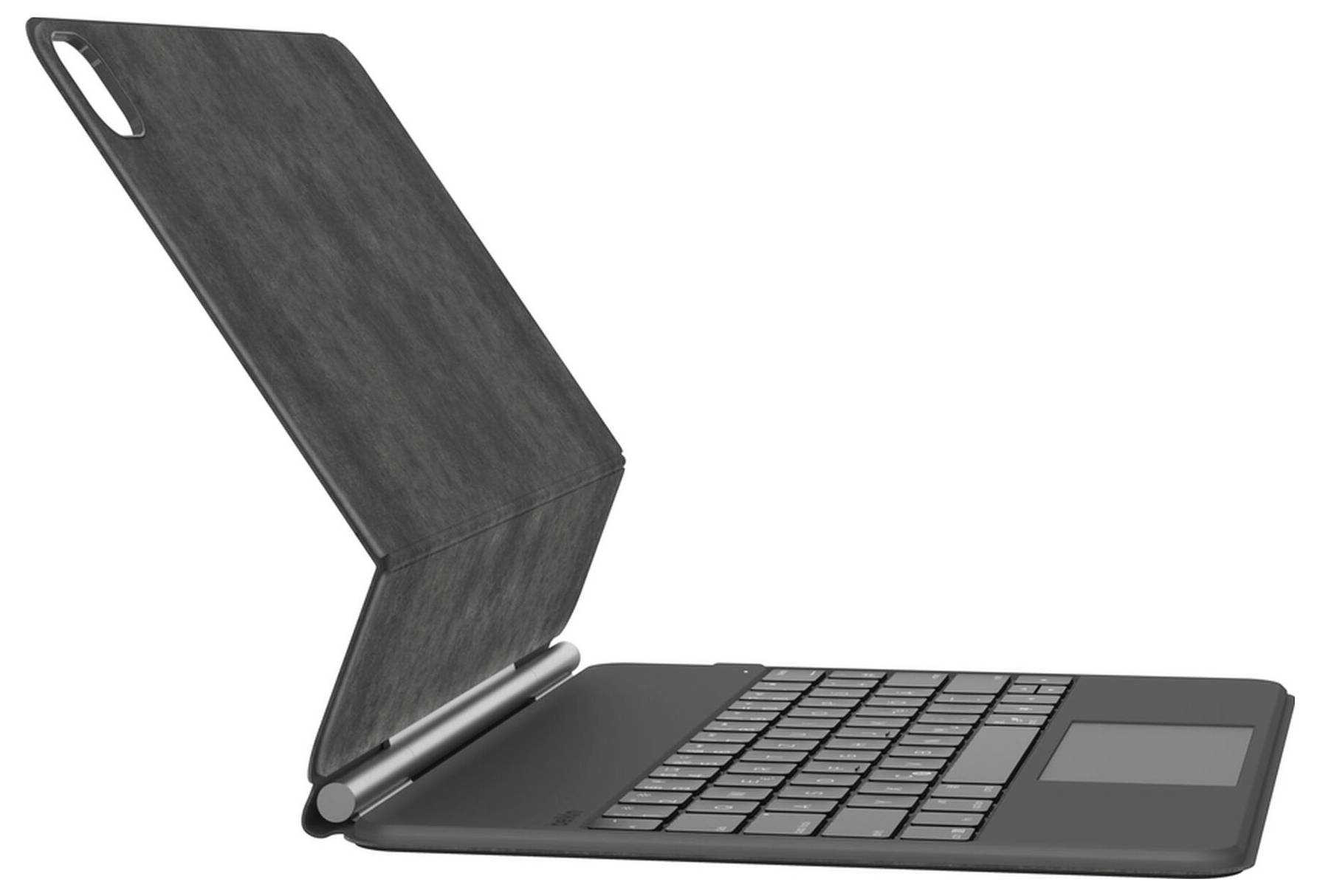 Notebook v tabletovém stylu se sklopnou klávesnicí s černým krytem, zobrazený v bočním pohledu na bílém pozadí.