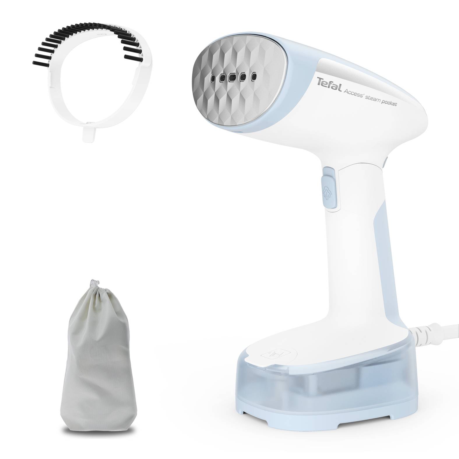 Bílý a světle modrý ruční parní hlazicí přístroj Tefal s vyměnitelnou kartáčovou hlavicí a pouzdrem na uchovávání na bílém pozadí.