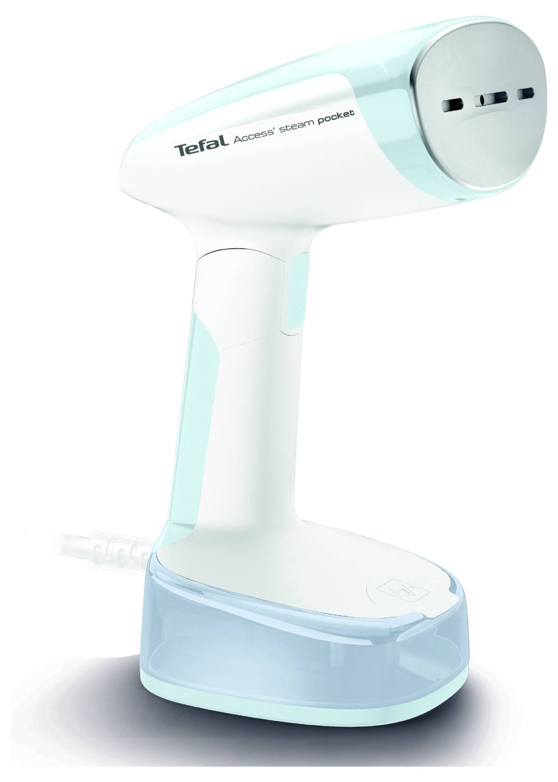 Bílý a azurový ruční parní steamer Tefal Access Steam Pocket zobrazený na bílém pozadí.