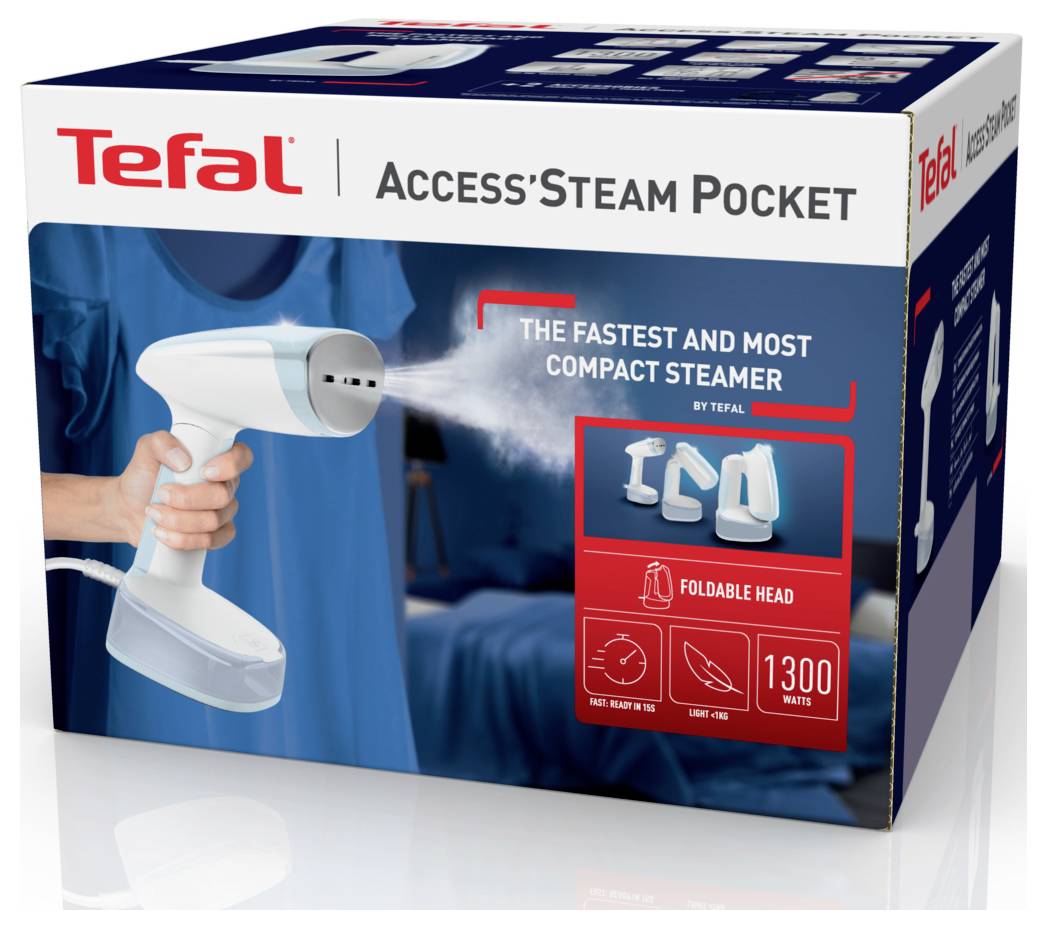 Tefal Access Steam Pocket ruční parní hlazič v krabici znázorňující osobu používající hlazič s textem „Nejrychlejší a nejkompaktnější hlazič" a „1300 wattů".