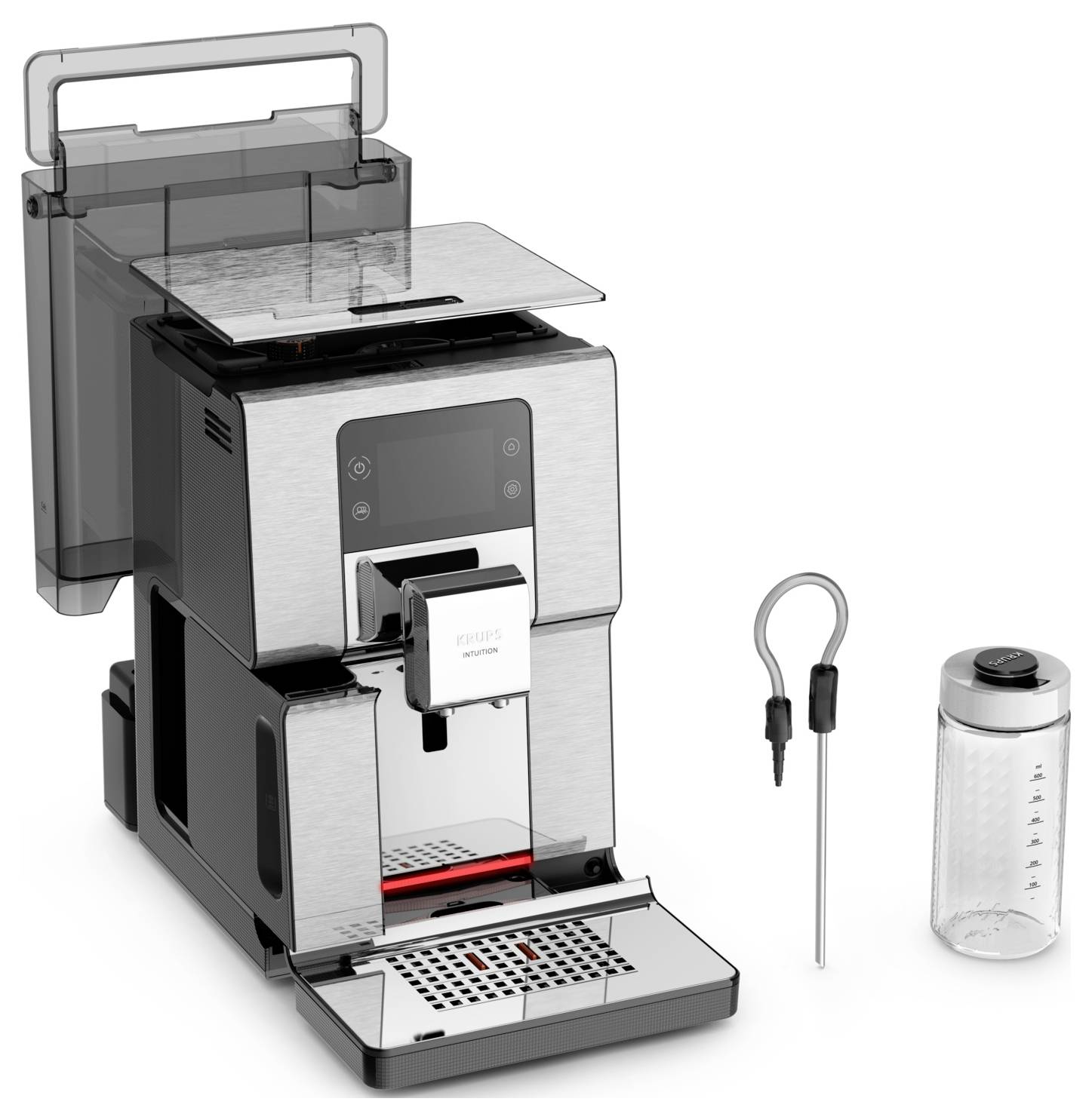 Nerezový espresso kávovar s tácem na šálek, zásobníkem na vodu a připojenou tyčí na napěnování mléka zobrazenou vedle stroje.