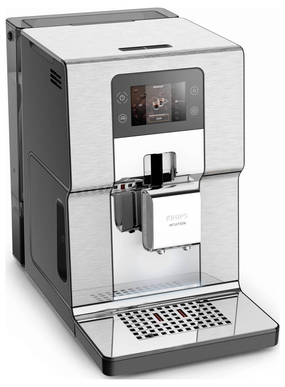 Nerezavý espresso stroj Philips s dotykovým ovládáním, automatickým kávovým výstupem, odkapávací podnosom a vodní nádrží.
