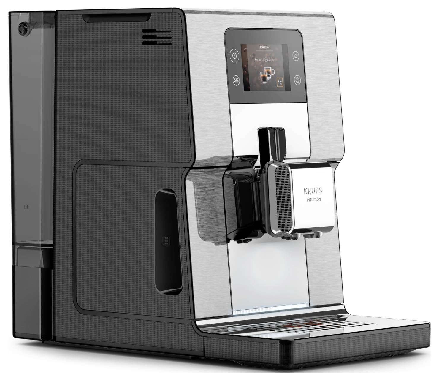 Moderní automatický kávovar Philips s dotykovým displejem, předním dávkovačem a platformou pro šálek, zobrazený v bočním pohledu na bílém pozadí.