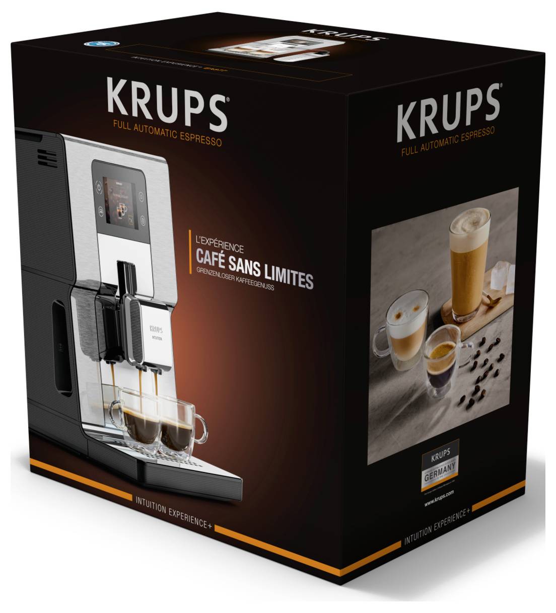 Krabice plně automatického espresso automatu KRUPS, na obalu zobrazující stroj připravující dvě šálky espresa a latte.