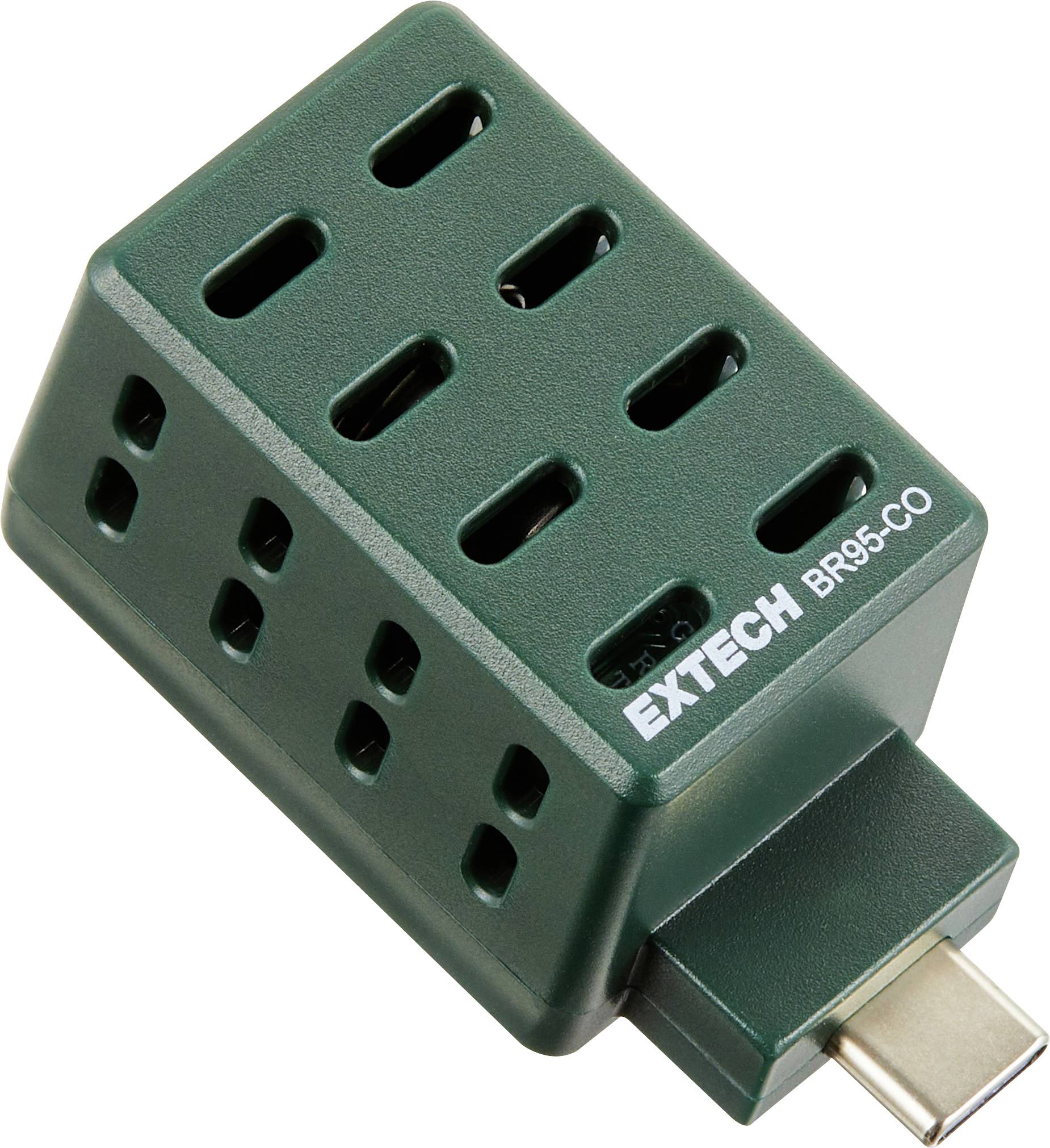 Zelený adaptér konektoru EXTECH BR35-C0 USB-C nebo multifunkční tester s více sloty a bočními otvory, zobrazený na bílém pozadí.