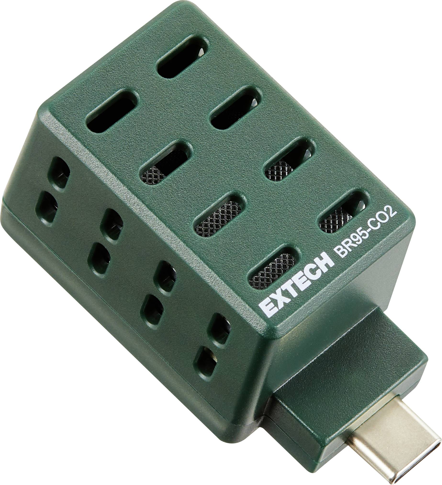 Zelený modul senzoru USB-C s ventilačními otvory, označený "EXTECH", zobrazen izolovaně na bílém pozadí.