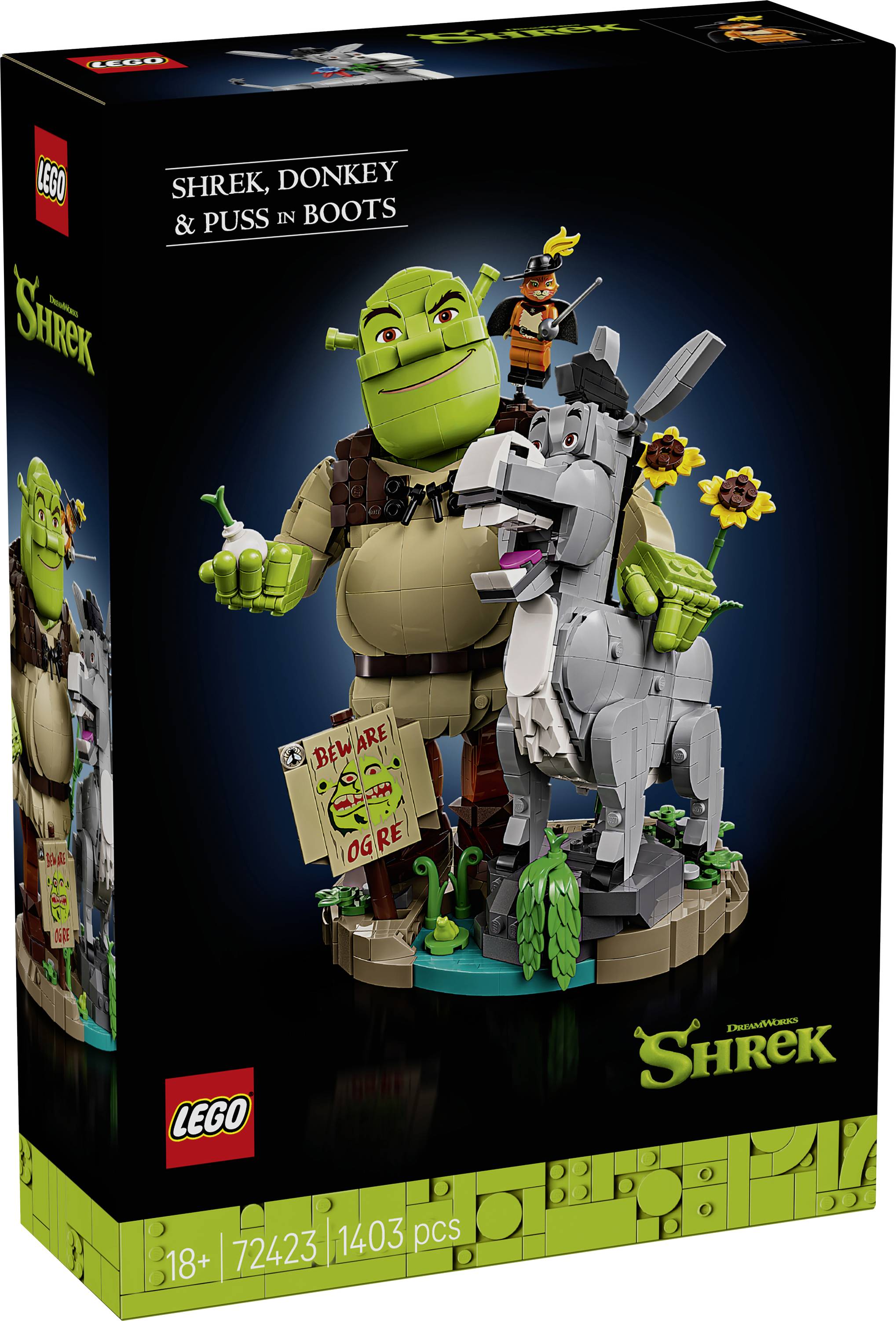 LEGO sada Shrek zobrazující Shreka, Osla a Kota v botách s názvem "Shrek, Osel a Kocour v botách" a 18+, 71423, 1 403 součástek na balení.