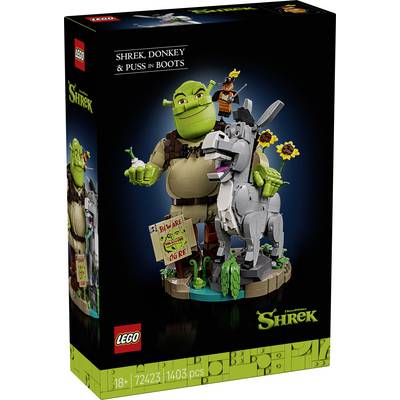 LEGO sada Shrek zobrazující Shreka, Osla a Kota v botách s názvem "Shrek, Osel a Kocour v botách" a 18+, 71423, 1 403 součástek na balení.