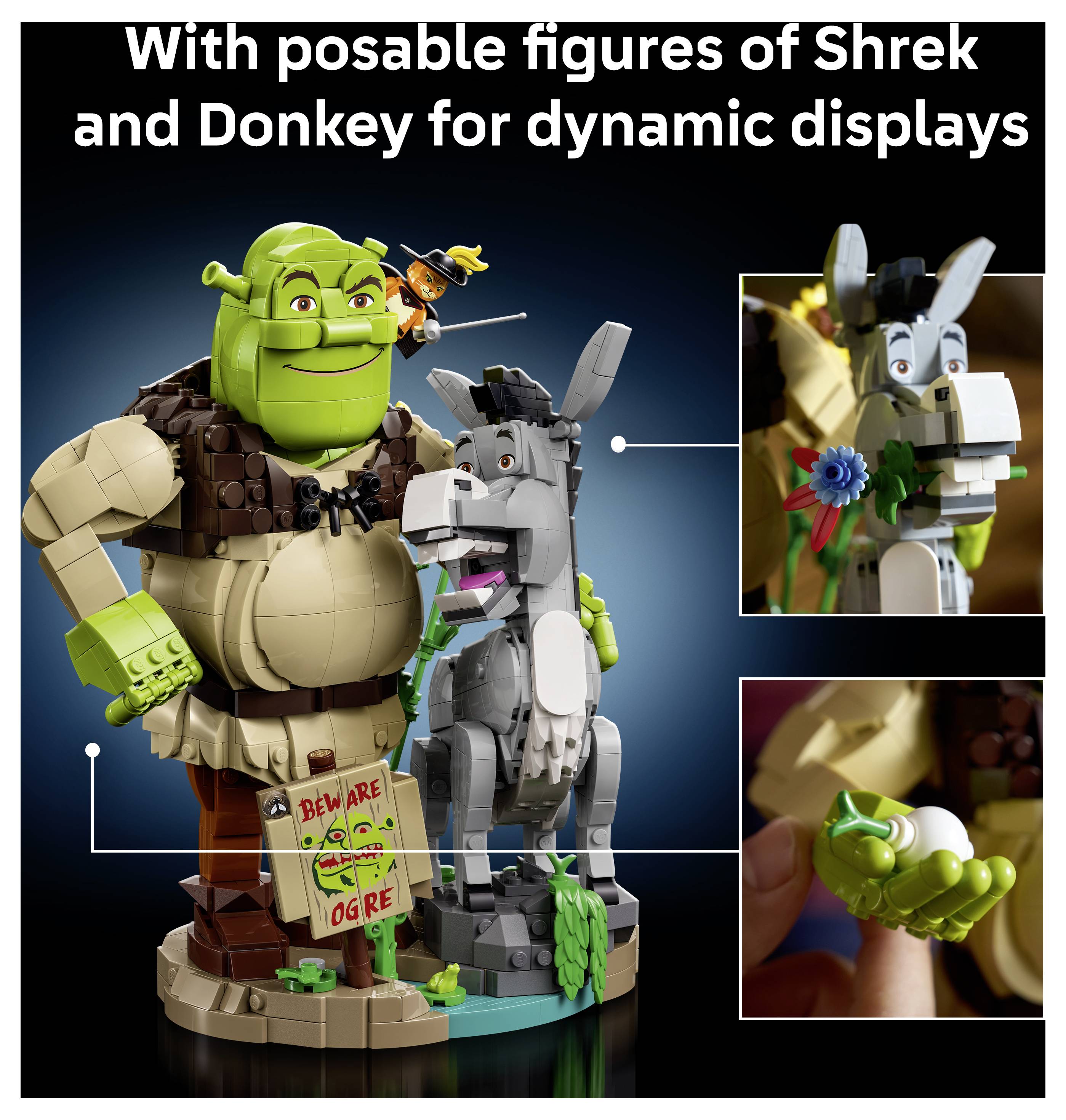 Propagační obrázek zobrazující LEGO styl Shreka a Osla s vloženými detailními zábry, s popisem „S posuzovacími figurkami Shreka a Osla pro dynamické vystavení".