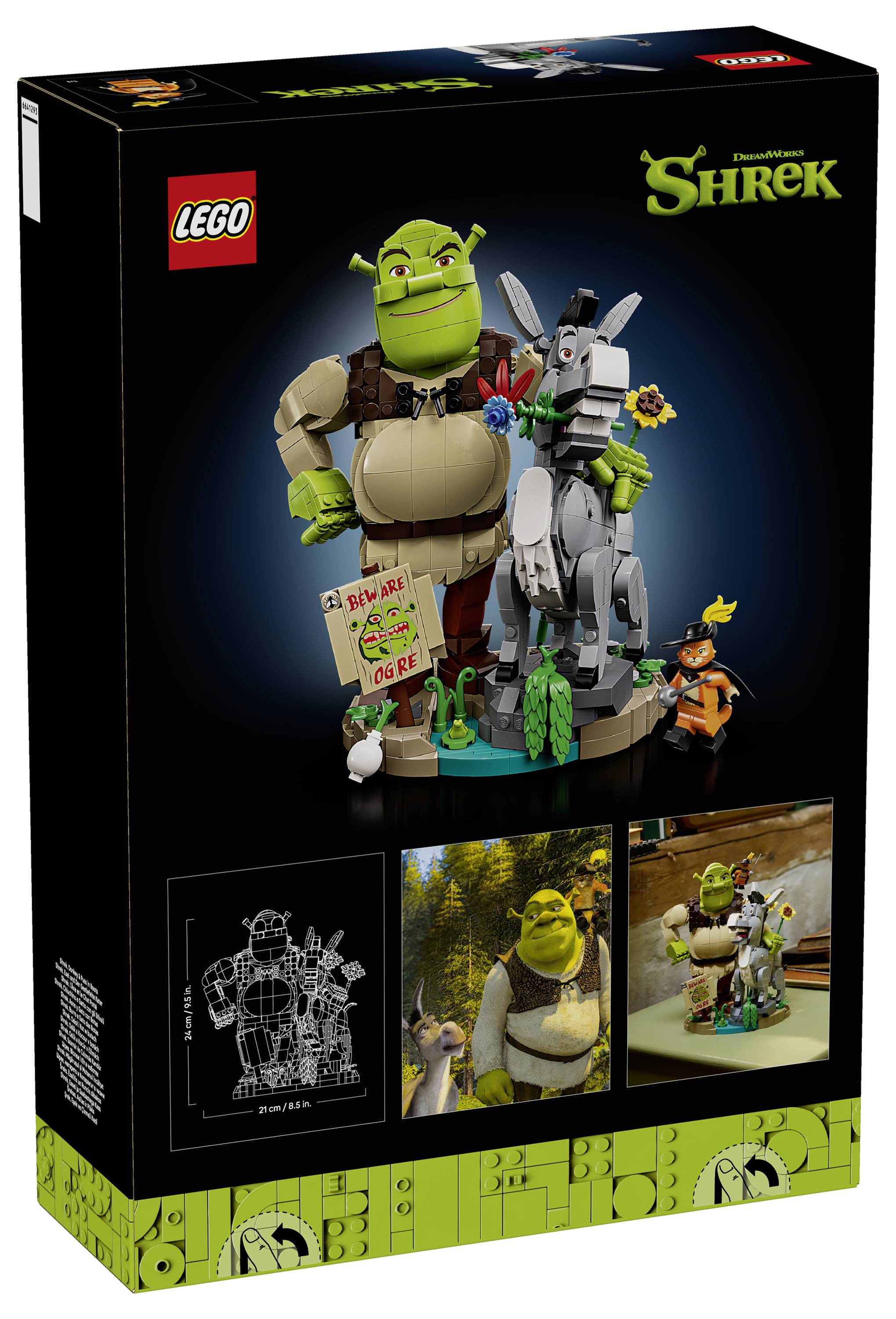 LEGO sada Shrek s krabicí zobrazující minifigurky Shreka a Osla, se třemi obrázky sestaveného displeje a logem Shrek na černé krabici.