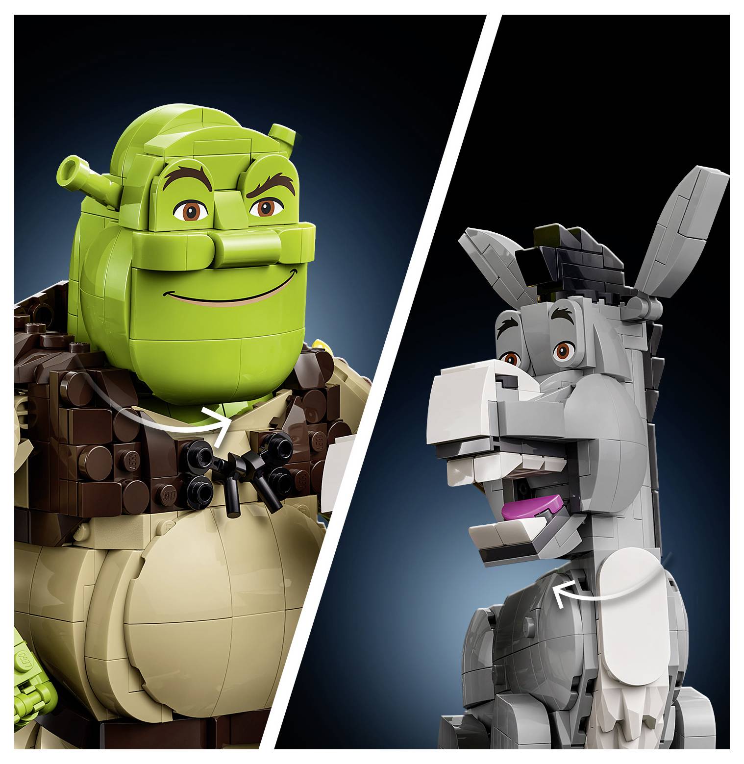 Rozdělený obrázek dvou LEGO stylizovaných postav Shreka: zelený Shrek vlevo a šedý Osel vpravo, oba zobrazeni jako cihličkami vystavěné busty.