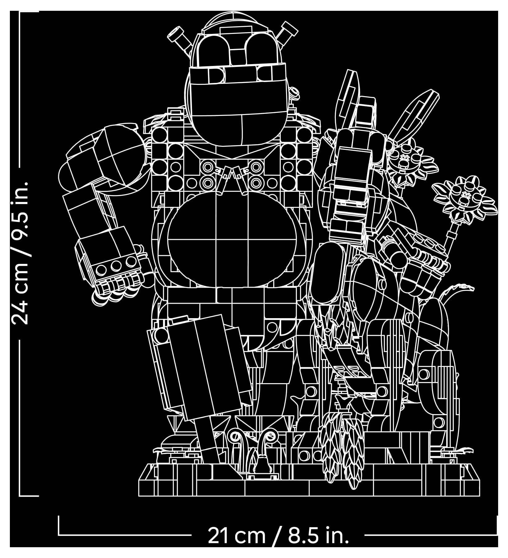 Obrysový diagram velkého robota/mecha modelu stojícího na podstavci, zobrazený s rozměry 24 cm na 21 cm.