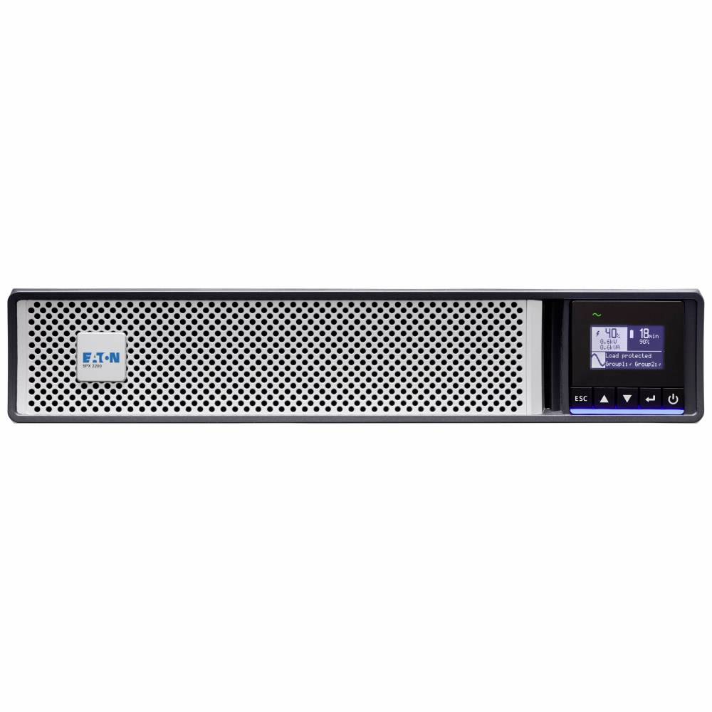 Přední panel UPS společnosti Eaton pro montáž do racku s děrovanou mřížkou a malým ovládacím LCD displejem na pravé straně.