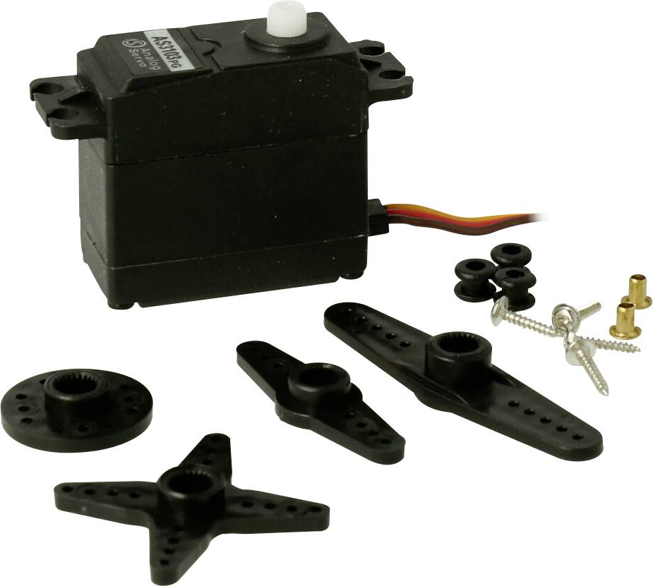 Černý RC servo motor s různorodými rameny páky, šrouby a pouzdry vyloženými na bílém pozadí.