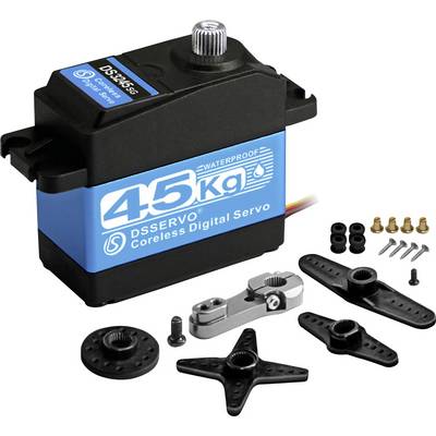 Voděodolný digitální servomotor 45kg s montážními rameny, šrouby, pouzdry a příslušenstvím zobrazený na bílém pozadí.