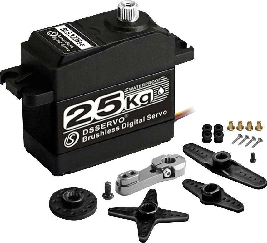 Bezkontaktní digitální servomotor označený „25kg" s různými montážními rohy, šrouby a příslušenstvím na bílém pozadí.
