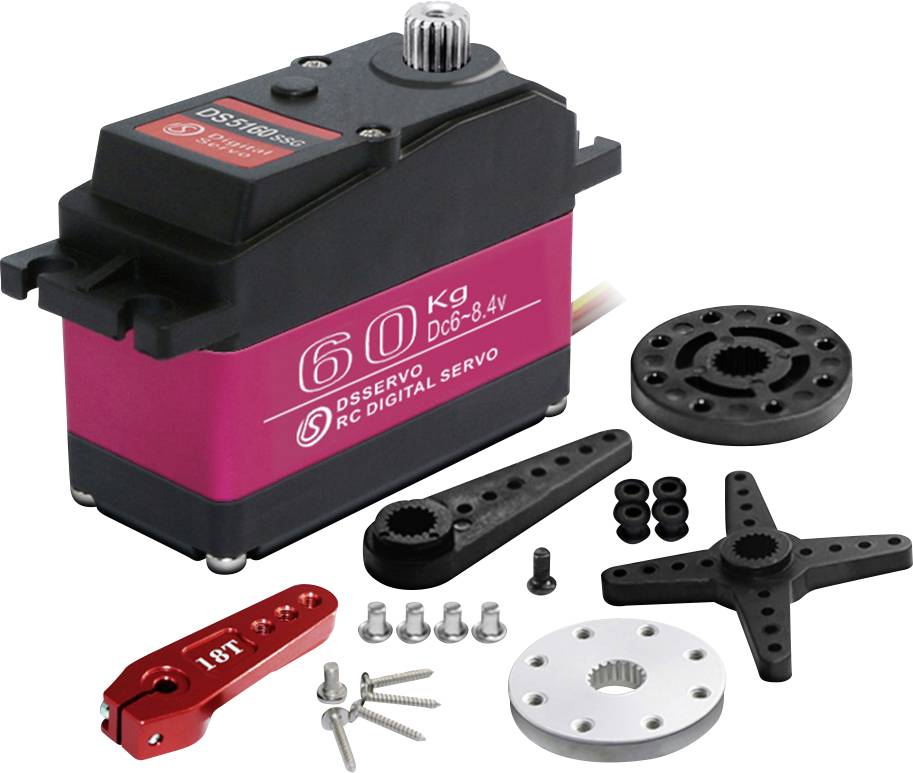DSServo 60KG digitální servo motor sada s kyvadly, disky, šrouby a připevňovacím příslušenstvím na bílém pozadí.