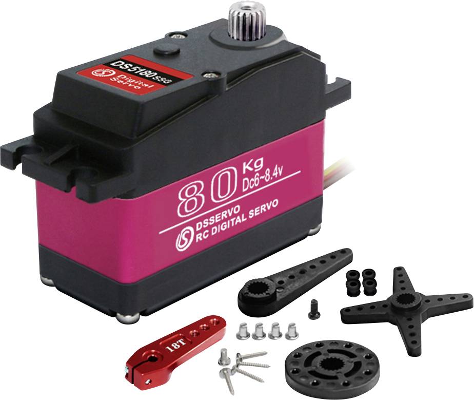 Růžový a černý digitální RC servomotor o hmotnosti 8 kg s připojenými upevňovacími rohy, šrouby a ozubenými koly na bílém pozadí.
