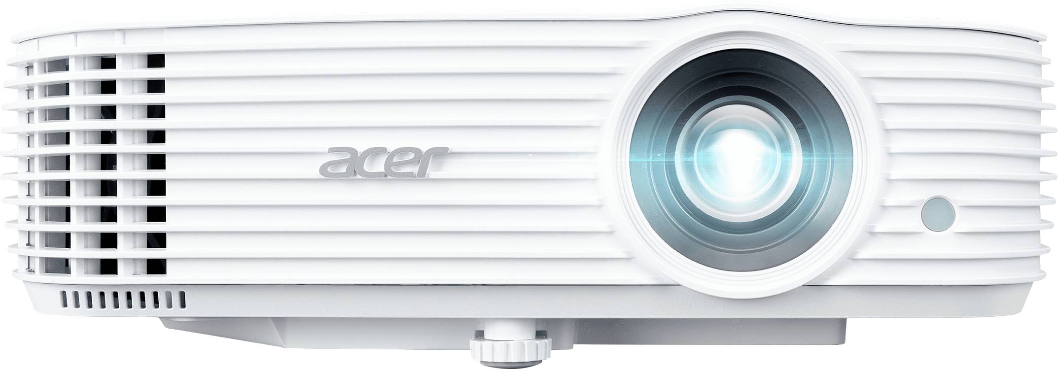Přední pohled na bílý projektor Acer se zapnutou čočkou a ventilačními mřížkami.