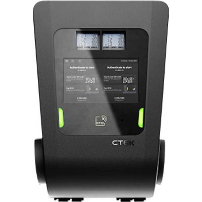 CTEK duální nabíjecí stanice pro elektromobily se dvěma displeji zobrazujícími „Ověřte se pro spuštění" a zelenými stavovými indikátory.