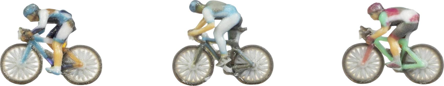 Tři cyklisti jedoucí na kolech vedle sebe, každý zobrazený v jiné poloze těla a s různými barevnými zvýrazněními, aby se ilustroval cyklistický pohyb nebo ergonomie kola.