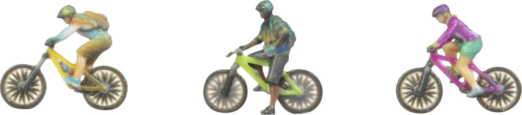 Tři stylizovaní cyklisté na horských kolech, zobrazeni z boku na bílém pozadí.