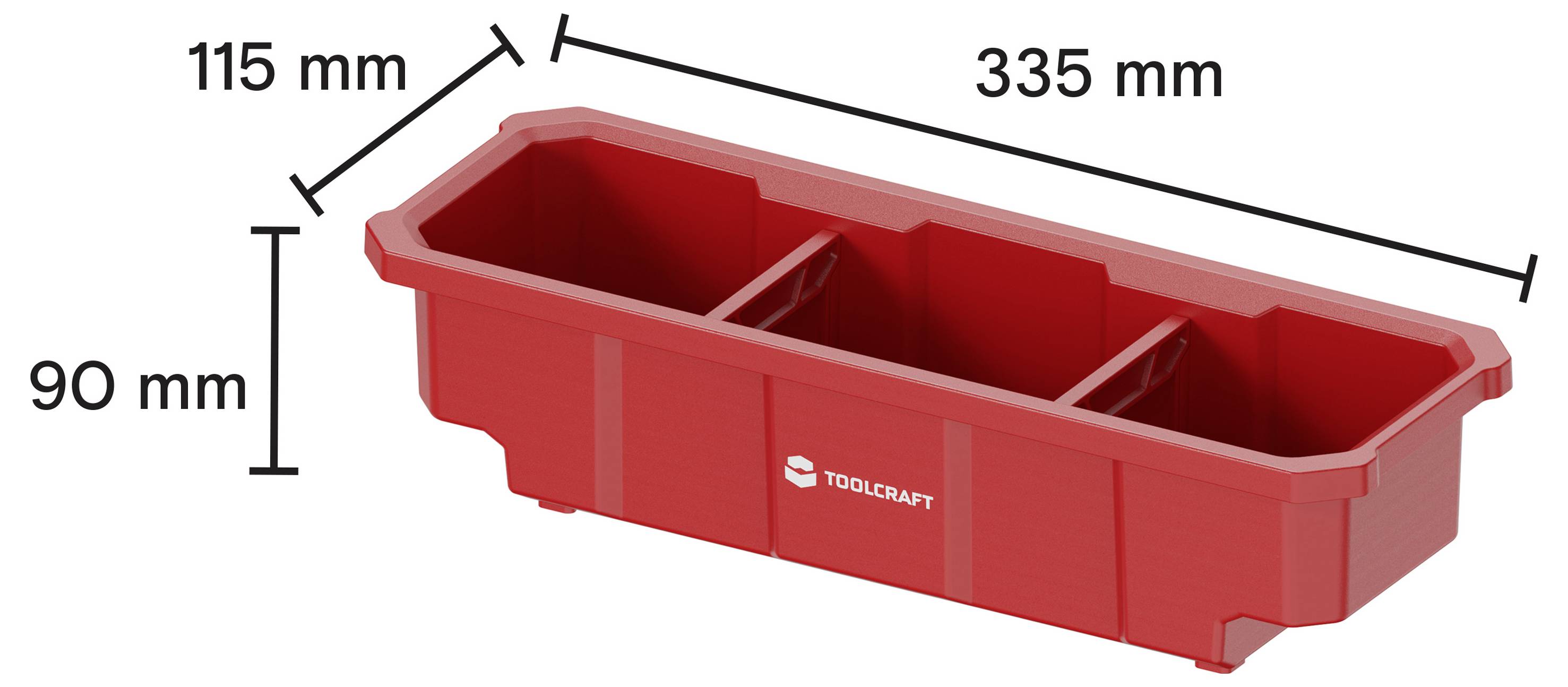 Červený plastový úložný box se třemi oddíly, zobrazený v perspektivě s rozměry 335 mm dlouhý, 115 mm široký a 90 mm vysoký.