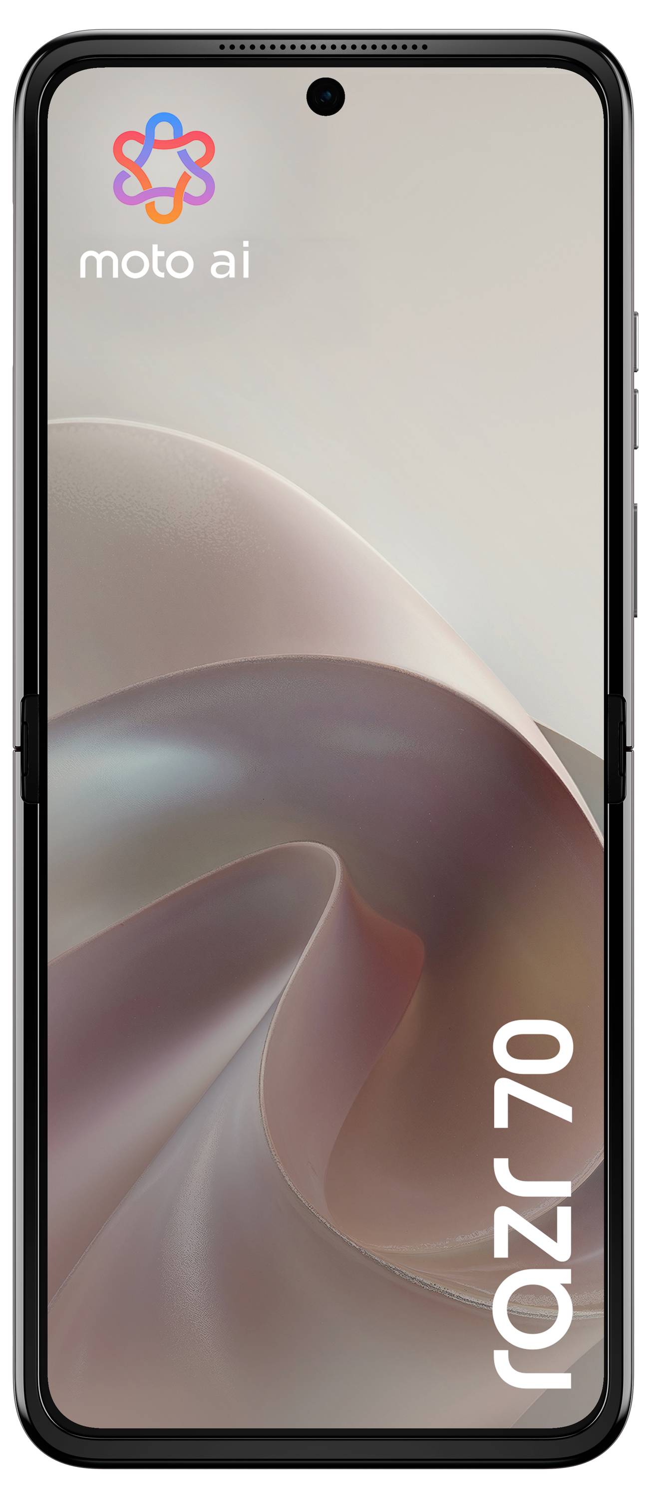 Přední pohled na smartphone Motorola Moto AI zobrazující měkkou abstraktní tapetu a vertikální značku "razr 70" na displeji.