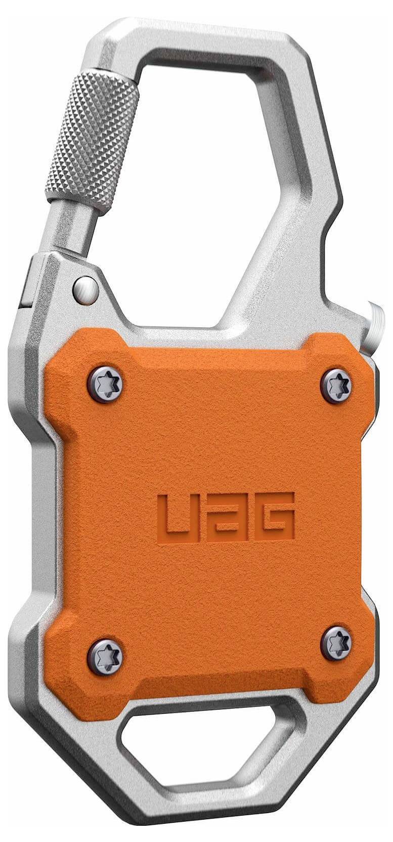 Oranžový ochranný kryt na telefon UAG s vestavěnou šedou kovovou karabinou, zobrazeno zepředu.