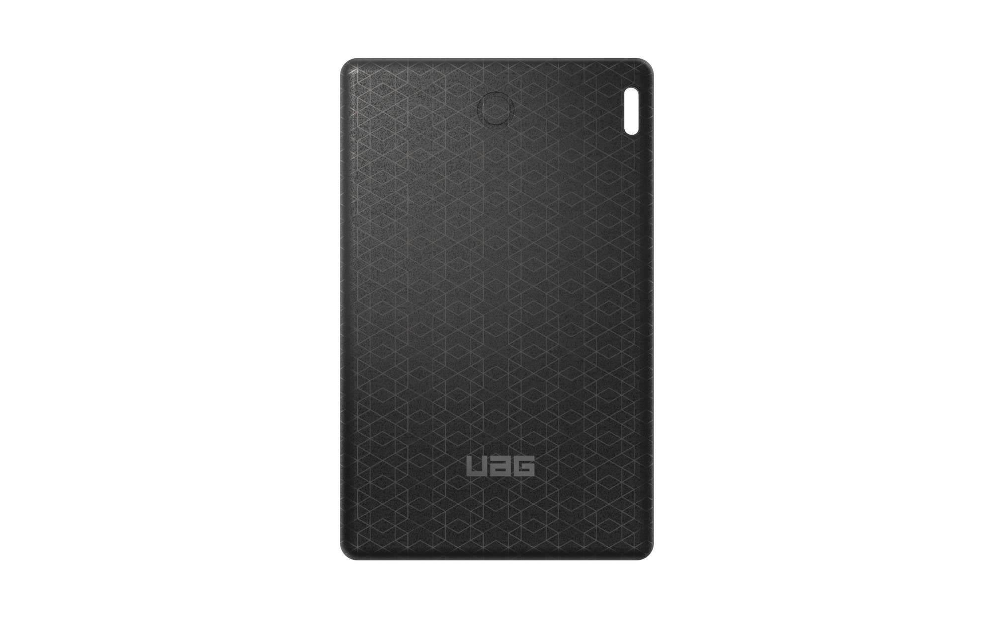Černý ochranný pouzdro na tablet UAG s texturovaným vzorem a výřezem pro fotoaparát na zadní straně.