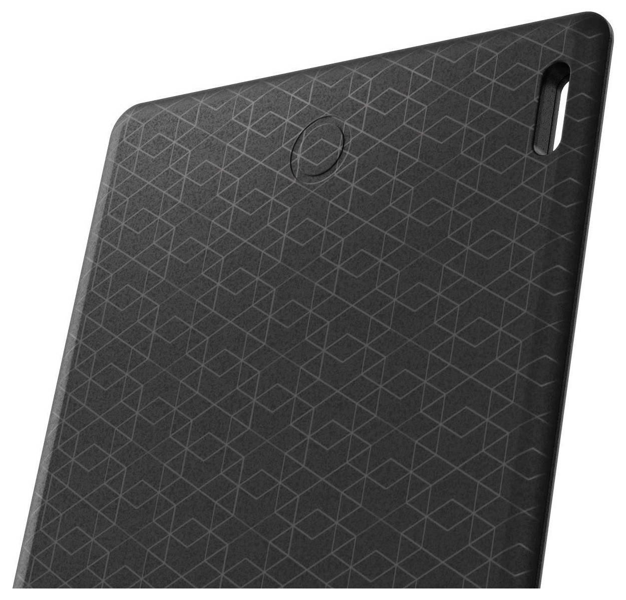 Detailní záběr na roh černého strukturovaného pouzdra na tablet s otvorem pro zadní fotoaparát a kulatým logem.