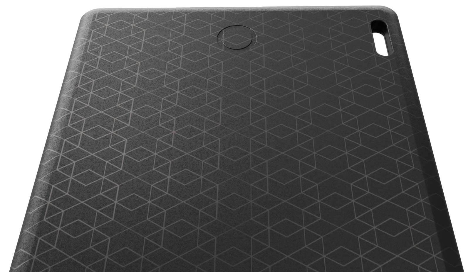 Černý obal na telefon s geometrickým vzorem, kruhový výřez pro čtečku otisků prstů a otvor zadní kamery v pravém horním rohu.