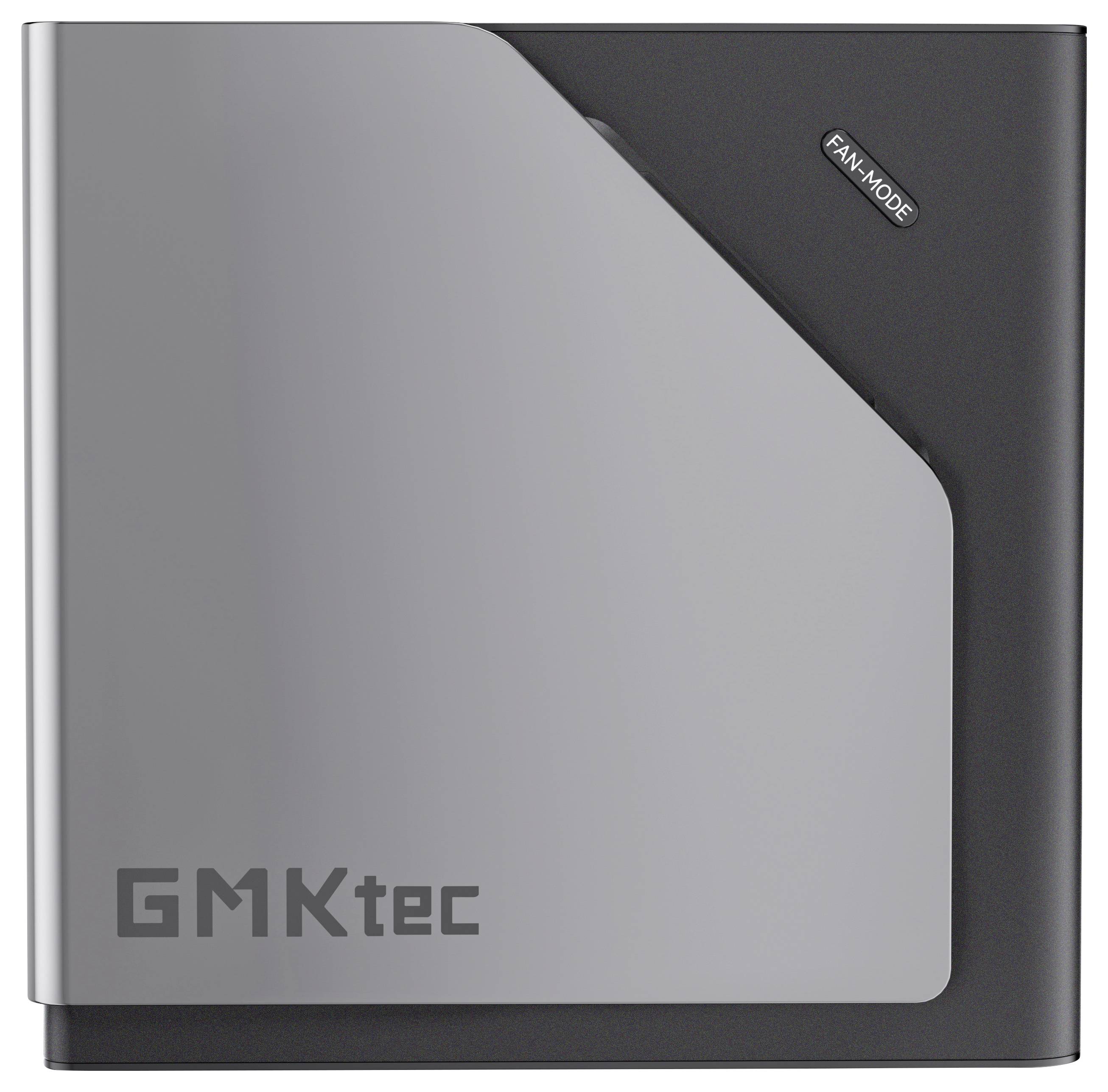 Kompaktní mini PC GMKtec se stříbrným a černým pouzdrem, přední pohled, zobrazující štítek 'FAN MODE' a logo GMKtec.